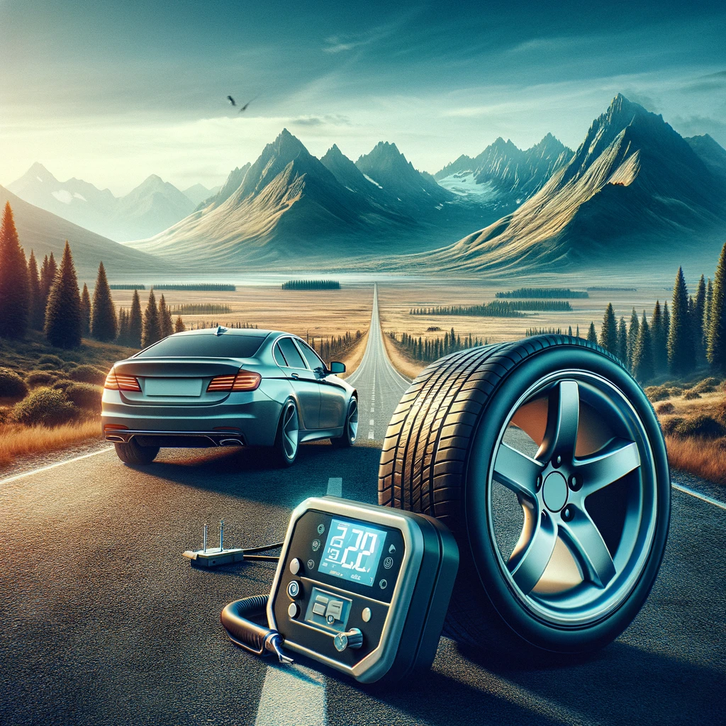car with wheel and digital tyre inflator