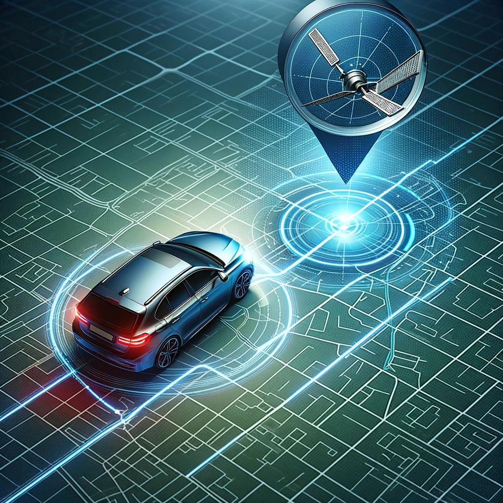 An illustration showing a car being tracked on a digital map, with a satellite symbol overhead, representing the GPS tracking technology in action.
