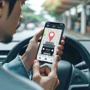 An image of a concerned car owner using a mobile app to check their car's location on a GPS tracking system. The person is in a public place, looking