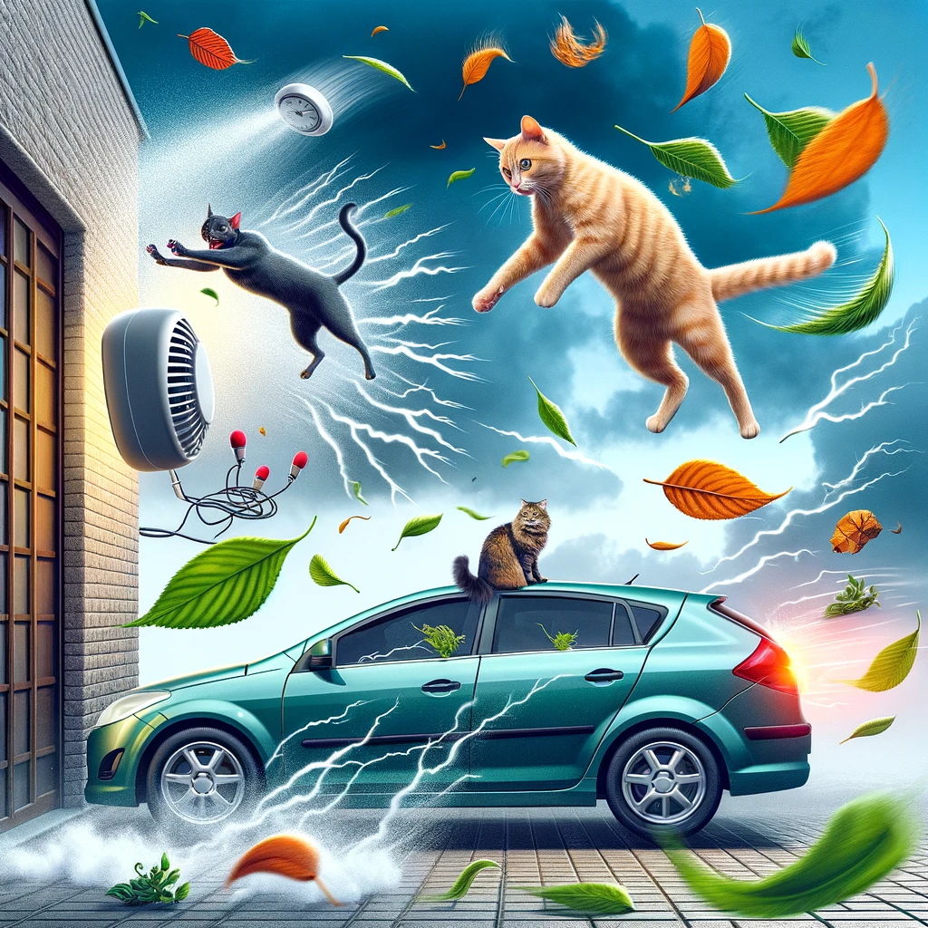 An image depicting various environmental triggers such as a cat jumping on the hood of a car and a strong gust of wind blowing leaves around