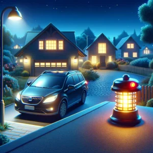 A peaceful neighborhood at night, showcasing a driveway with a car and houses in the background. The car's alarm lights are flashing