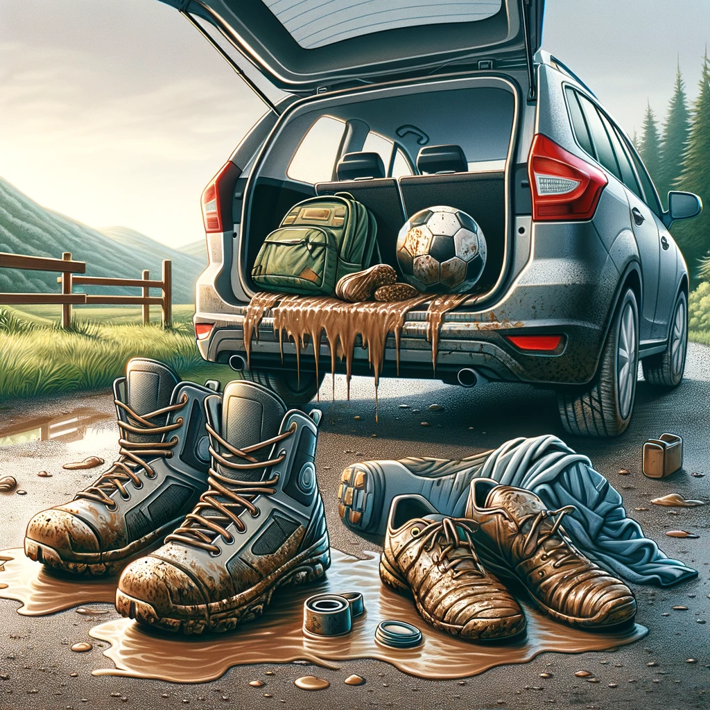 An illustration showing the aftermath of an outdoor adventure, with muddy boots and wet sports equipment, such as a soccer ball and a backpack
