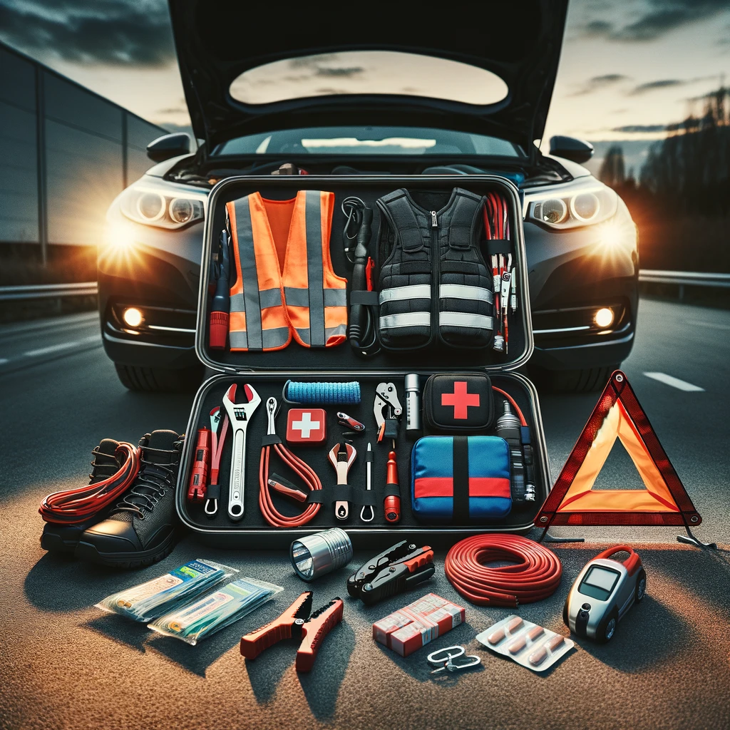 A fully equipped emergency car kit laid out neatly next to a car with an open trunk, during early evening. The kit includes jumper cables, a tow rope,
