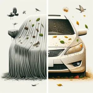 A side-by-side comparison image. On one side, a car without a cover is shown with bird droppings, tree sap, and a layer of dust. On the other side, a