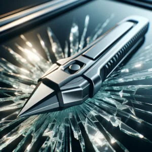 A sleek and modern car window breaker tool with a durable design is prominently featured in the foreground, showcasing its sharp, pointed metal tip. T