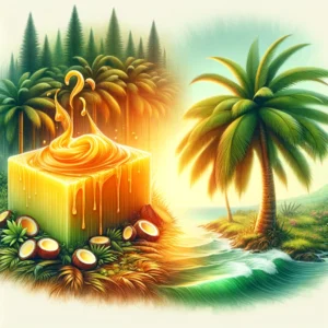 An artistic illustration showing a vibrant scene of the Brazilian palm tree, with its lush green leaves, alongside a representation of carnauba wax. T
