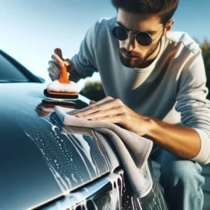 A detailed image of a person in a casual outfit, focusing intently as they apply a layer of hard car wax on a car's surface using a soft, microfiber c
