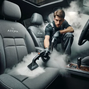 A professional detailing technician using a steam cleaner on a car's interior, highlighting the steam's ability to penetrate fabric seats and remove d