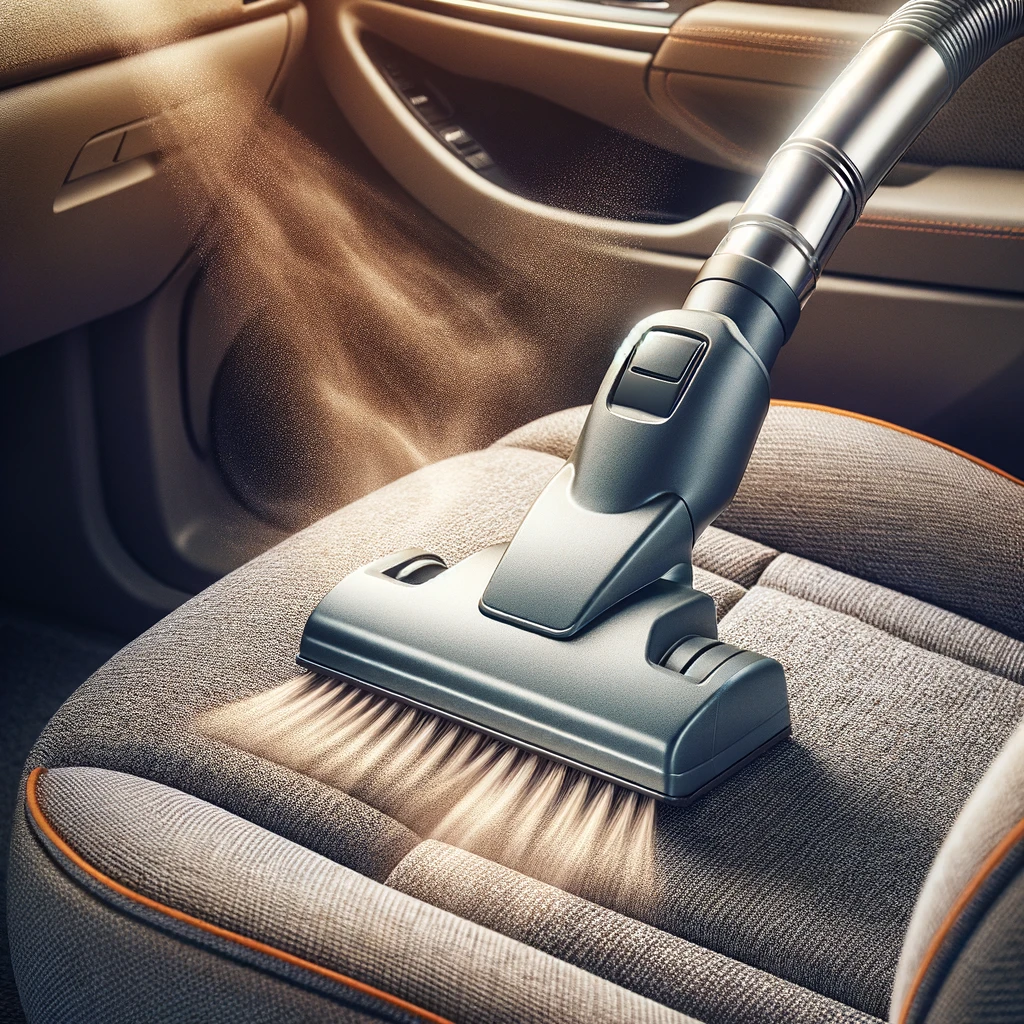 A vacuum cleaner nozzle hovering over a fabric car seat, illustrating the first step in cleaning car upholstery. This image highlights the importance