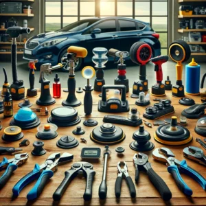 An overview of various car dent pullers and repair kits from different brands, displayed on a wooden table. This collection includes suction cup pulle