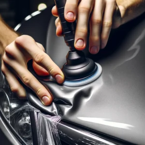 A close-up of a car dent being successfully repaired with the Uolor Dent Repair Kit. The image captures the moment of the dent being pulled out, with