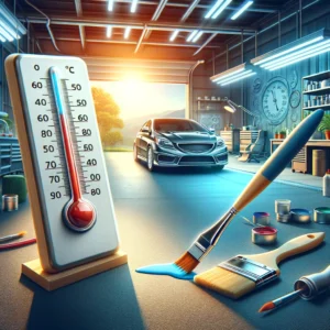 Create an artistic representation of an ideal environment for applying touch up paint on a car, featuring a thermometer in the foreground showing the