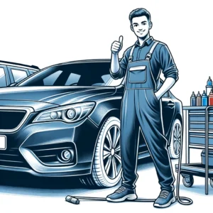 Visualize a happy customer standing beside their car, which has recently been touched up. The customer should be showing a thumbs-up sign, indicating