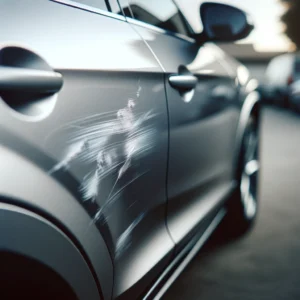 A close-up image of a car's side panel, highlighting visible minor chips and scratches on the paintwork. The car should appear sleek and well-maintain