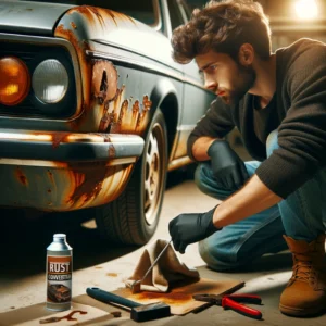 An image showcasing a car enthusiast carefully inspecting a rusty area on their car, equipped with tools and a bottle of rust converter in hand. The s