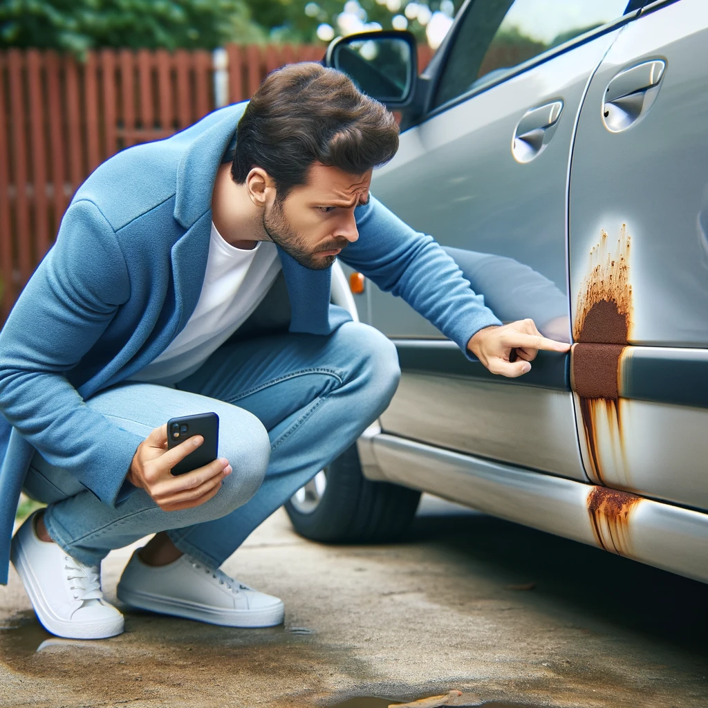 An image of a disappointed car owner discovering rust on their vehicle. The scene takes place in a driveway, with the car owner leaning down to closel