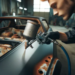 A detailed image of a technician applying primer to a car's surface that was previously treated with rust converter. The technician is focused and pre