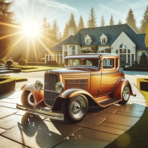 An image of a perfectly restored vintage car, shining with a flawless, rust-free finish under the bright afternoon sun. The setting is a pristine driv