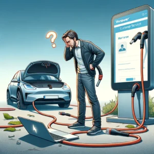 A frustrated EV owner inspecting a VORSPRUNG® Rapid EV Charging Cable with a visible fault, standing next to their car. The scene captures the moment
