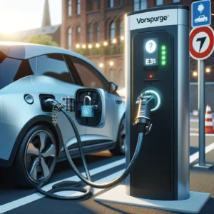 A security solution for EV charging cables at a public charging station, showcasing a locking mechanism that secures the cable to both the car and the