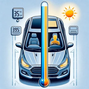An informative illustration showing a comparison between two cars parked side by side, one with a sun shade installed on the windshield and the other