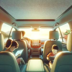 A family enjoys a cool and comfortable ride in their car, shaded by an effectively installed sun shade on a bright sunny day. The sun shade covers the