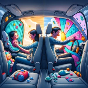 Inside a car, a parent is shown on one side successfully installing the iZoeL Car Sun Shade on the side window, which has a colorful, child-friendly d
