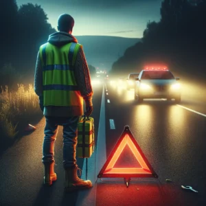 A scene showcasing a person standing by the roadside wearing a high-visibility safety vest and setting up an emergency triangle. It's twilight, and th