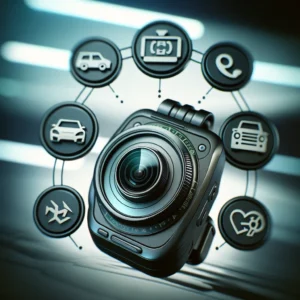 A close-up, detailed illustration of a high-quality dash cam. The camera is designed with a clear lens and digital display showing the recording in pr