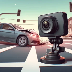 An animated scene showing two cars on the verge of a collision at an intersection, with one car having a dash cam visibly recording the incident. The