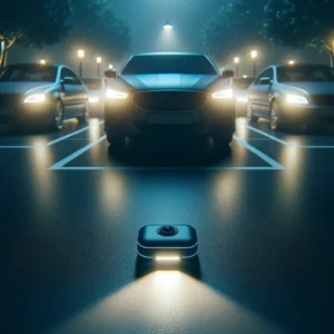 A serene night-time parking scene with a series of parked cars under the soft glow of street lamps. One car stands out with a subtle, glowing LED indi